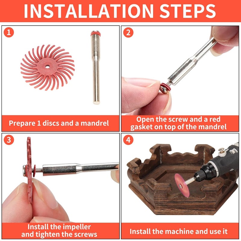 Baisiky 66Pcs 1 Inch Radial Bristle Disc Kit with 1/8" Shank for Rotary Tools,Detail Abrasive Brush for Jewelry Wood Metal Polishing, Bristle Wheel with Grit 80-1000 - Image 4